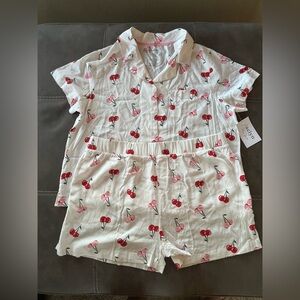 White Cherry-Print Short Pajama Set in Pink & Red